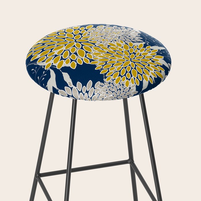 Floral Leaves and Blooms, Navy Blue, Yellow, Beige Stool Gallery Image 2