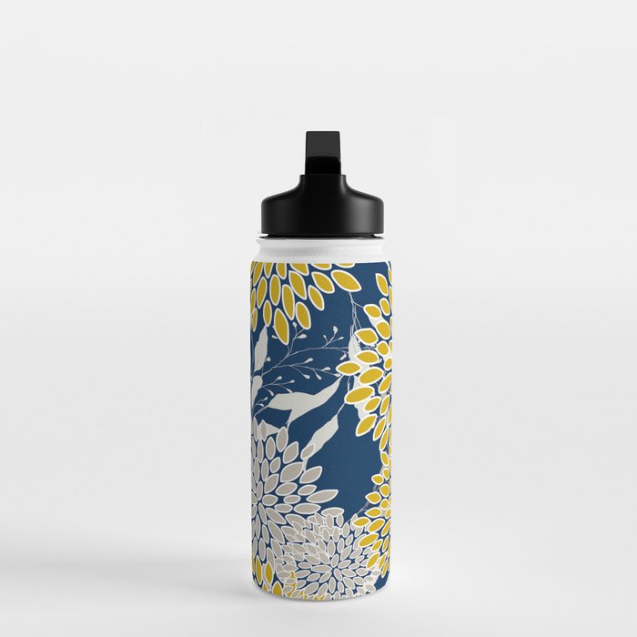 Floral Leaves and Blooms, Navy Blue, Yellow, Beige Water Bottle Gallery Image 3