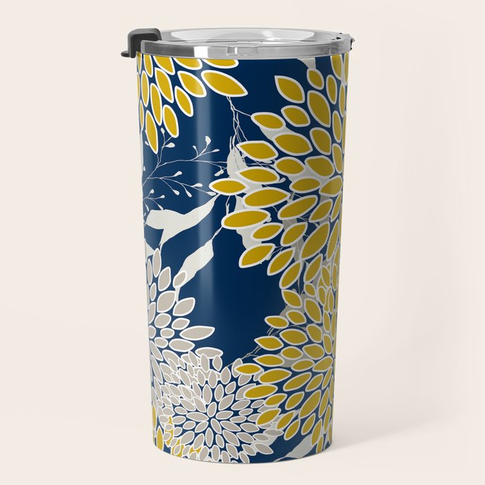 Floral Leaves and Blooms, Navy Blue, Yellow, Beige Travel Mug Gallery Image 3