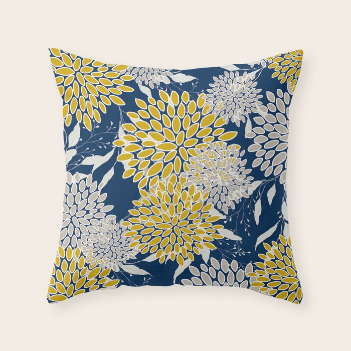 Floral Leaves and Blooms, Navy Blue, Yellow, Beige Throw Pillow Gallery Image 1