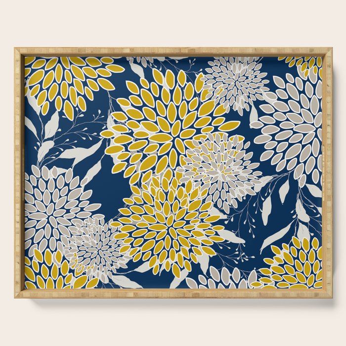 Floral Leaves and Blooms, Navy Blue, Yellow, Beige Serving Tray Gallery Image 1