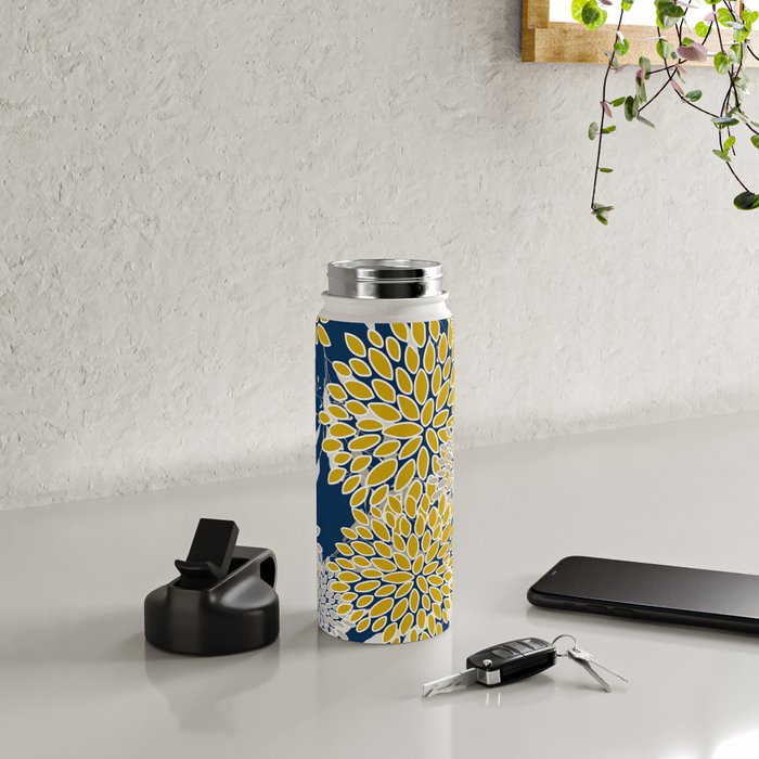 Floral Leaves and Blooms, Navy Blue, Yellow, Beige Water Bottle Gallery Image 4