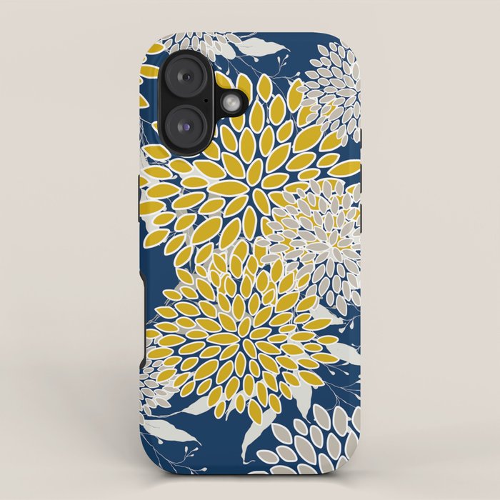Floral Leaves and Blooms, Navy Blue, Yellow, Beige iPhone Case Gallery Image 1