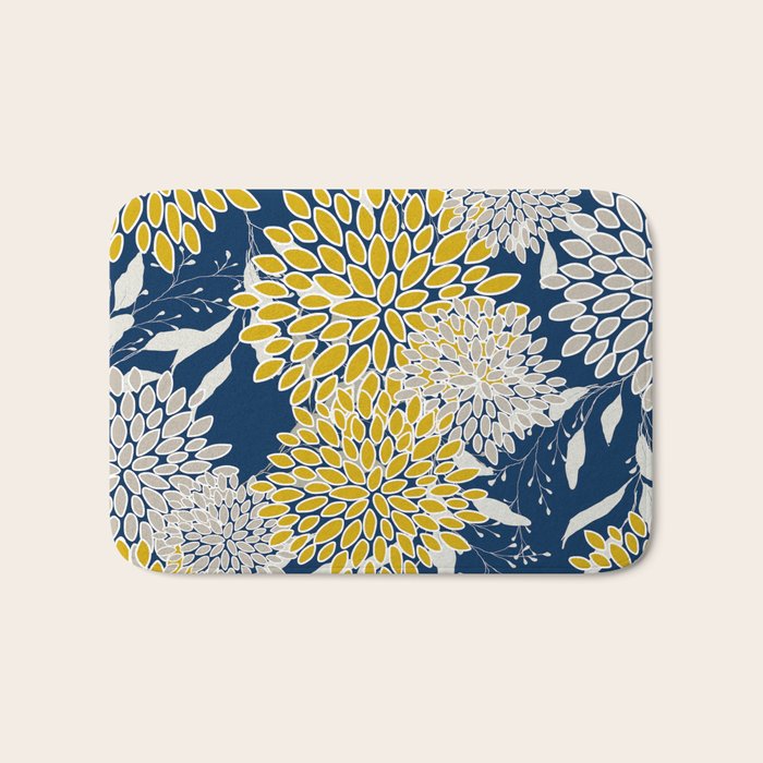 Floral Leaves and Blooms, Navy Blue, Yellow, Beige Bath Mat Gallery Image 1