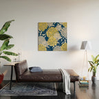 Floral Leaves and Blooms, Navy Blue, Yellow, Beige Wood Wall Art Gallery Image 2