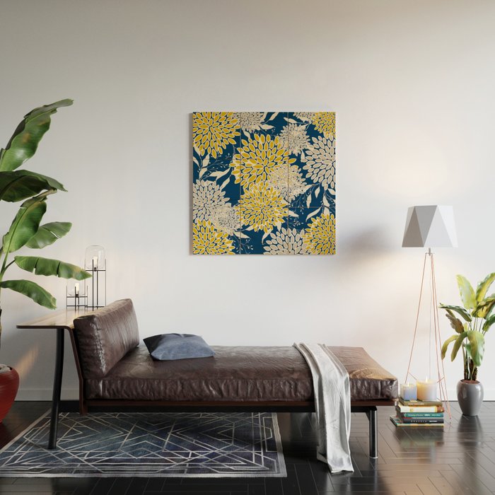 Floral Leaves and Blooms, Navy Blue, Yellow, Beige Wood Wall Art Gallery Image 2