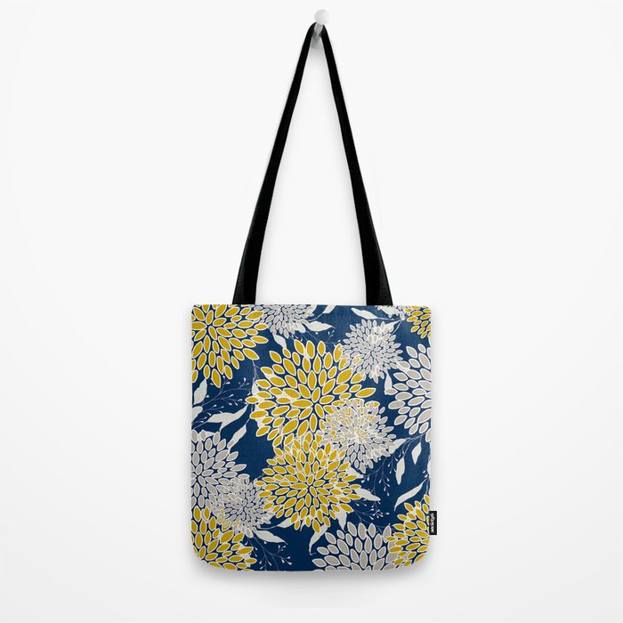 Floral Leaves and Blooms, Navy Blue, Yellow, Beige Tote Bag Gallery Image 2