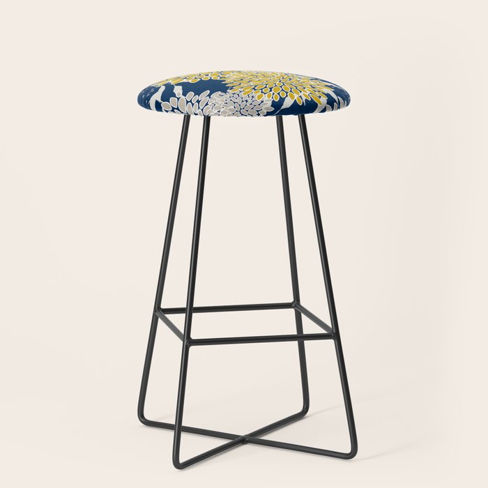 Floral Leaves and Blooms, Navy Blue, Yellow, Beige Stool Gallery Image 1