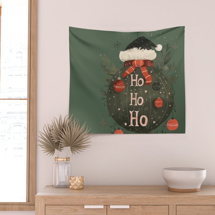 Festive Ho Ho Ho Bauble Green  Wall Tapestry Gallery Image 2