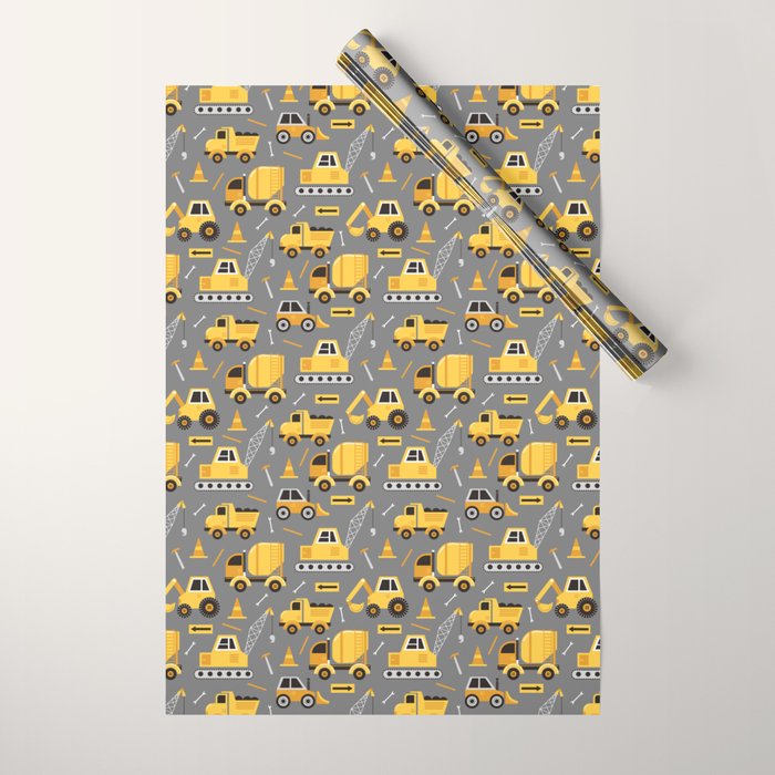 Construction Trucks on Gray Wrapping Paper Gallery Image 1