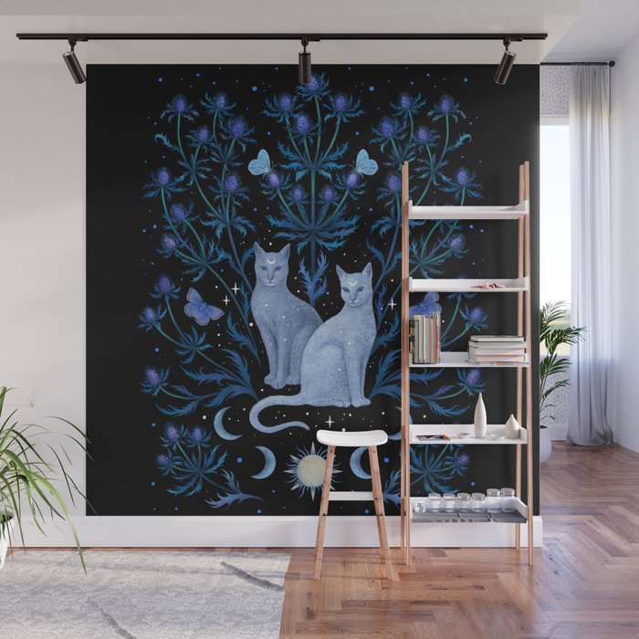 Blue Thistle & Cat Wall Mural Gallery Image 1