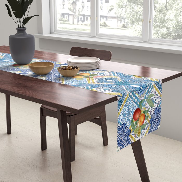Sicilian Limones, italian mediterranean citrus fruit maiolica blue tiles Table Runner Gallery Image 2