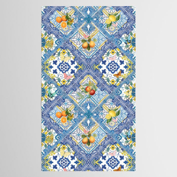 Sicilian Limones, italian mediterranean citrus fruit maiolica blue tiles Tablecloth Gallery Image 2