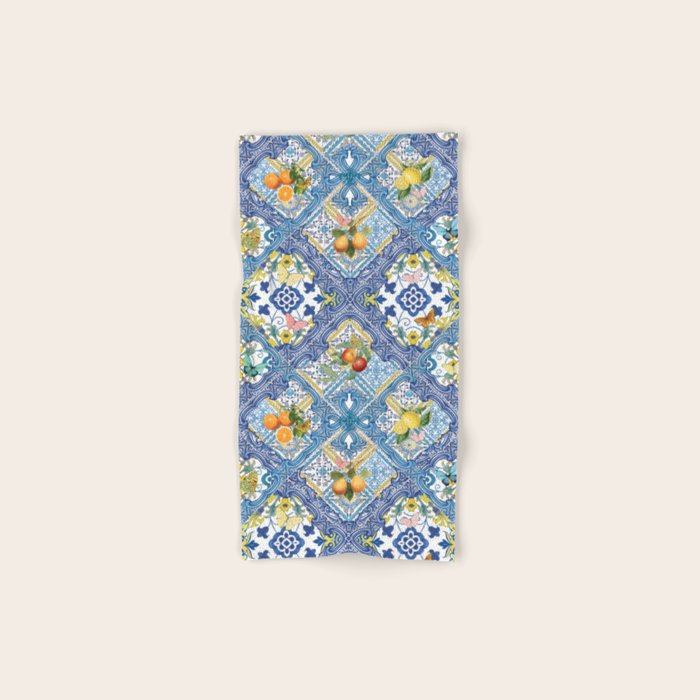 Sicilian Limones, italian mediterranean citrus fruit maiolica blue tiles Bath Towel Gallery Image 1
