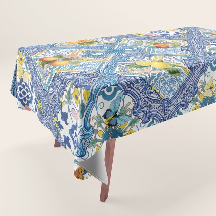 Sicilian Limones, Italian Mediterranean Citrus Fruit Maiolica Blue Tiles Tablecloth