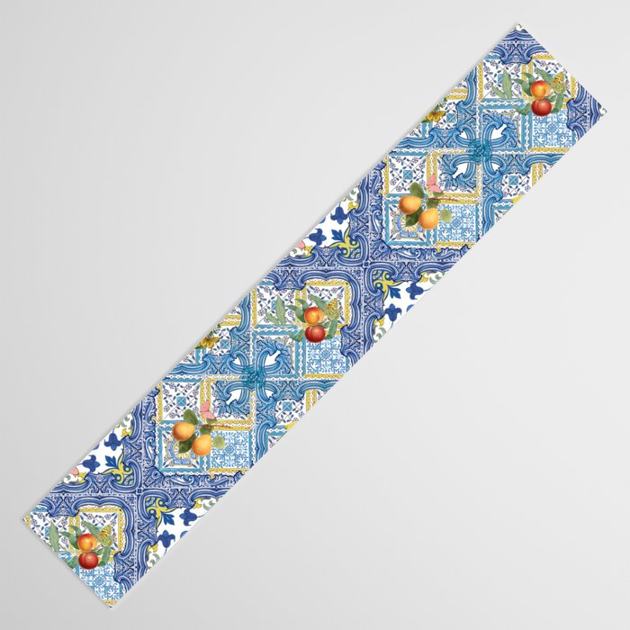 Sicilian Limones, italian mediterranean citrus fruit maiolica blue tiles Table Runner Gallery Image 3