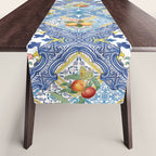 Sicilian Limones, italian mediterranean citrus fruit maiolica blue tiles Table Runner Gallery Image 1