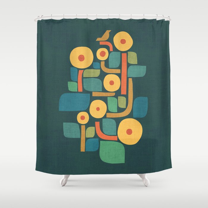 Bird in mid-century garden Shower Curtain Gallery Image 1