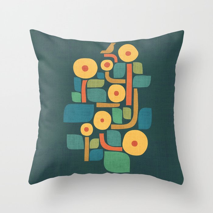 Bird in mid-century garden Throw Pillow Gallery Image 4