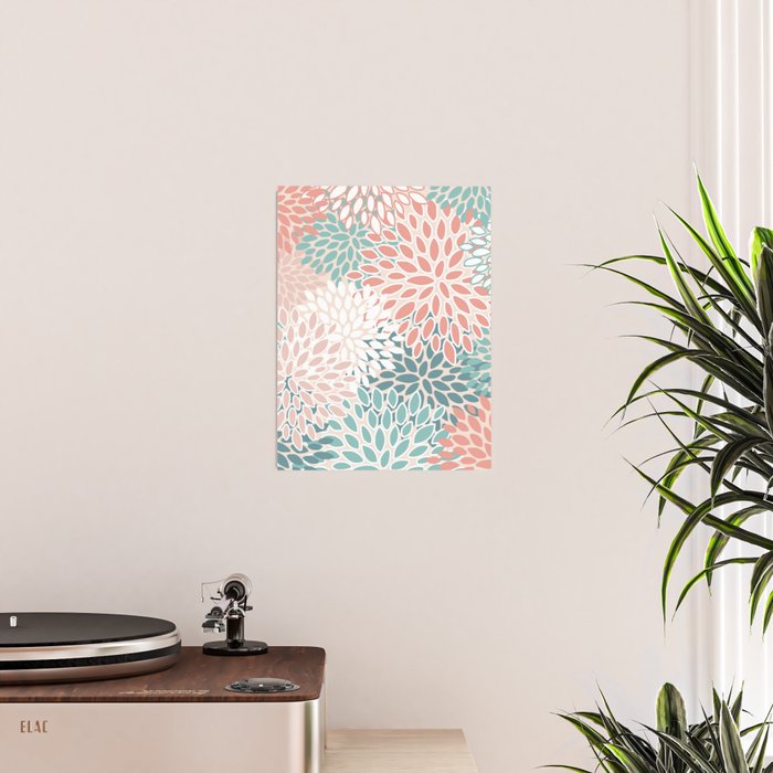 Festive, Floral Prints, Teal, Peach, Coral Poster Gallery Image 2