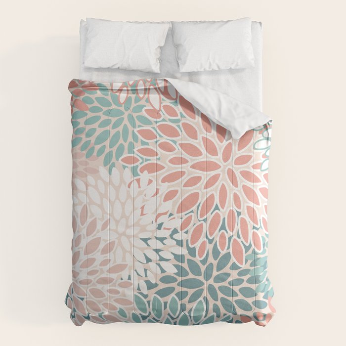 Festive, Floral Prints, Teal, Peach, Coral Comforter Gallery Image 1