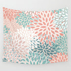 Festive, Floral Prints, Teal, Peach, Coral Wall Tapestry Gallery Image 4