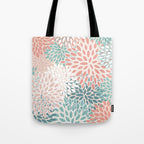 Festive, Floral Prints, Teal, Peach, Coral Tote Bag Gallery Image 1