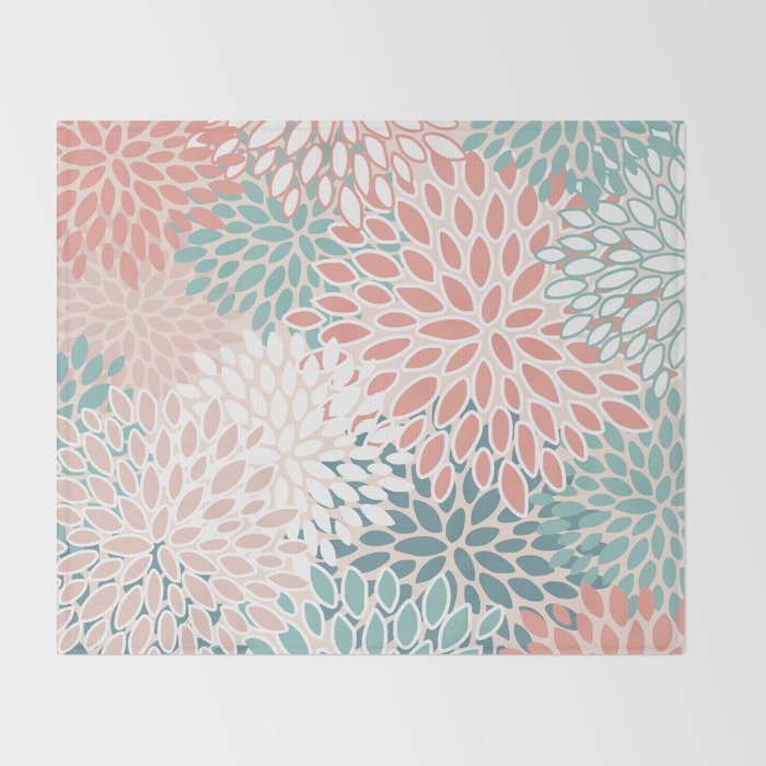 Festive, Floral Prints, Teal, Peach, Coral Throw Blanket Gallery Image 2