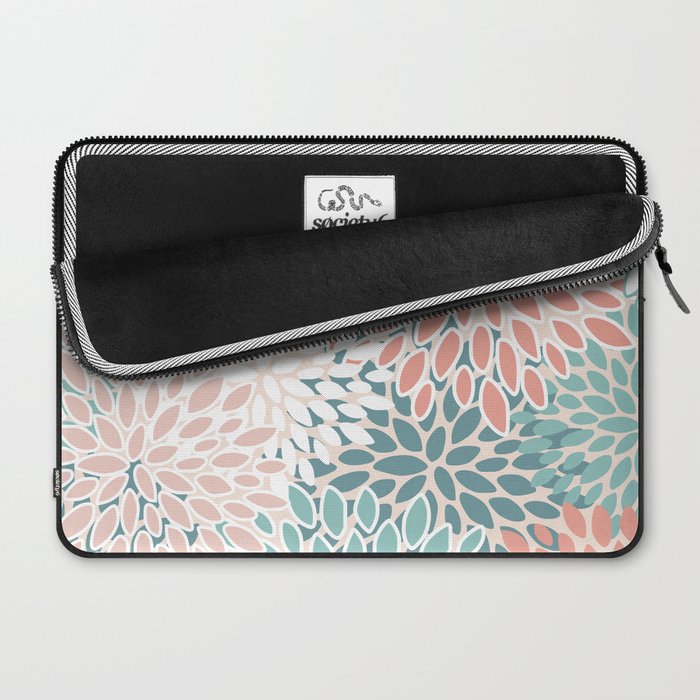 Festive, Floral Prints, Teal, Peach, Coral Laptop Sleeve Gallery Image 2