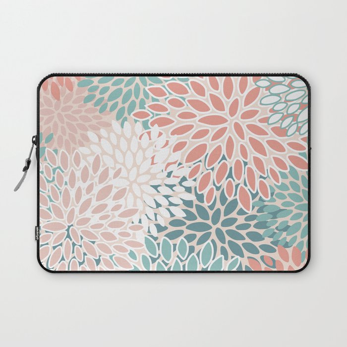 Festive, Floral Prints, Teal, Peach, Coral Laptop Sleeve Gallery Image 1