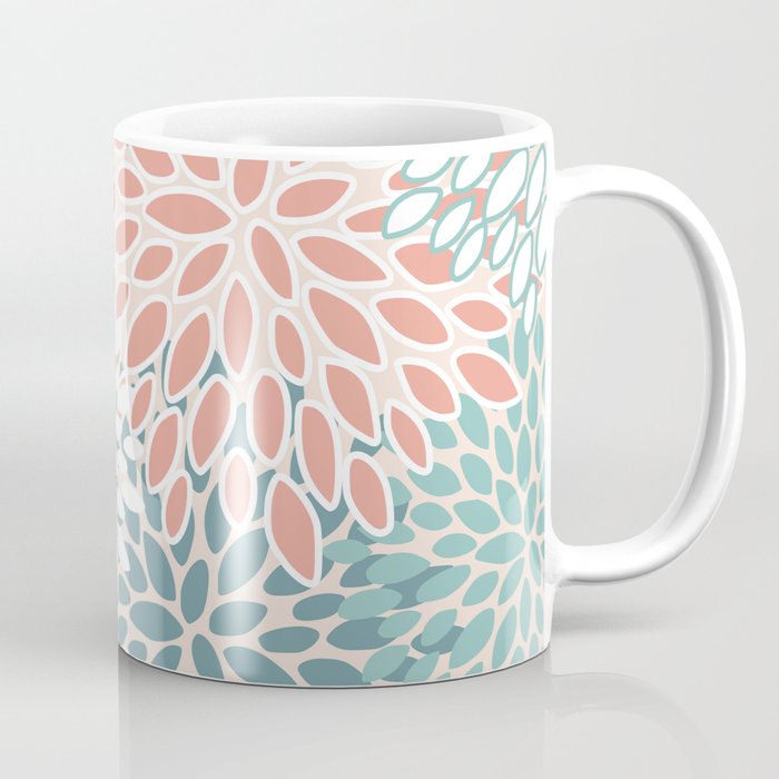 Festive, Floral Prints, Teal, Peach, Coral Coffee Mug Gallery Image 1
