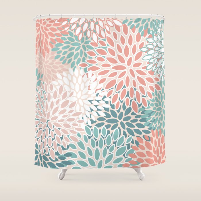 Festive, Floral Prints, Teal, Peach, Coral Shower Curtain Gallery Image 1