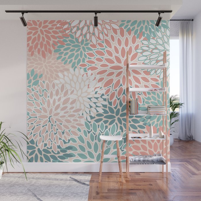 Festive, Floral Prints, Teal, Peach, Coral Wall Mural Gallery Image 1