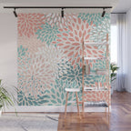 Festive, Floral Prints, Teal, Peach, Coral Wall Mural Gallery Image 1