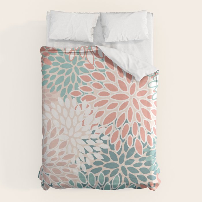 Festive, Floral Prints, Teal, Peach, Coral Duvet Cover Gallery Image 1