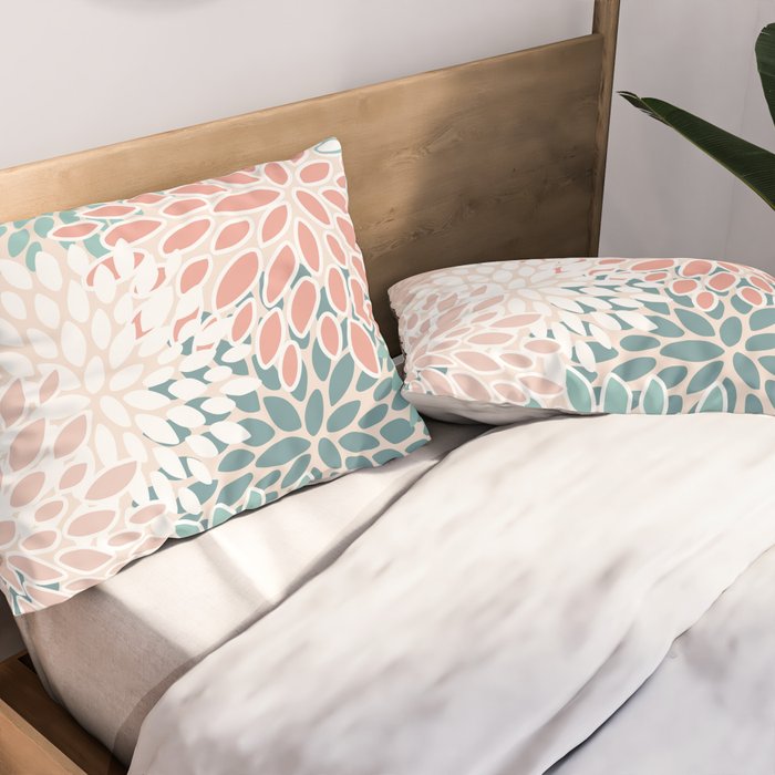 Festive, Floral Prints, Teal, Peach, Coral Pillow Sham Gallery Image 2