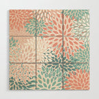Festive, Floral Prints, Teal, Peach, Coral Wood Wall Art Gallery Image 1