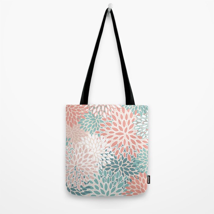 Festive, Floral Prints, Teal, Peach, Coral Tote Bag Gallery Image 2