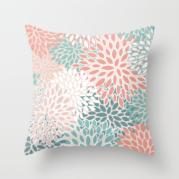 Festive, Floral Prints, Teal, Peach, Coral Throw Pillow Gallery Image 1