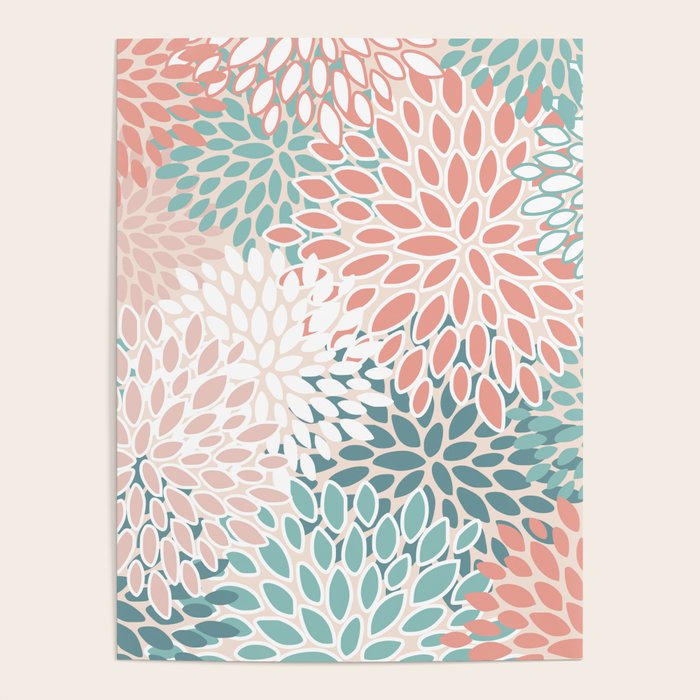Festive, Floral Prints, Teal, Peach, Coral Poster Gallery Image 1