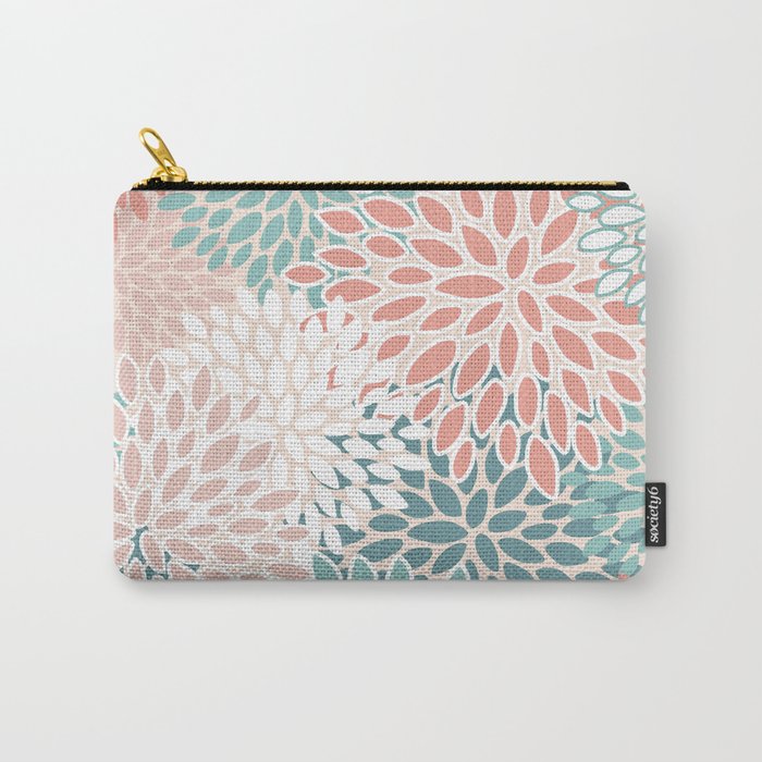 Festive, Floral Prints, Teal, Peach, Coral Carry All Pouch Gallery Image 1