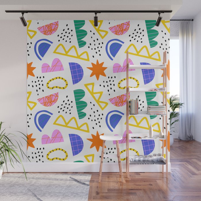 Abstract shape seamless pattern with colorful geometric doodles Wall Mural Gallery Image 1