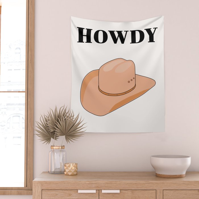 Howdy - Cowboy Hat Neutral Beige Wall Tapestry Gallery Image 2