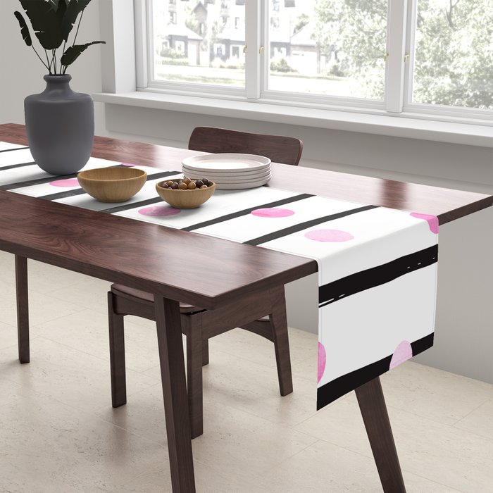 Blush pink black watercolor modern stripes polka dots Table Runner Gallery Image 2