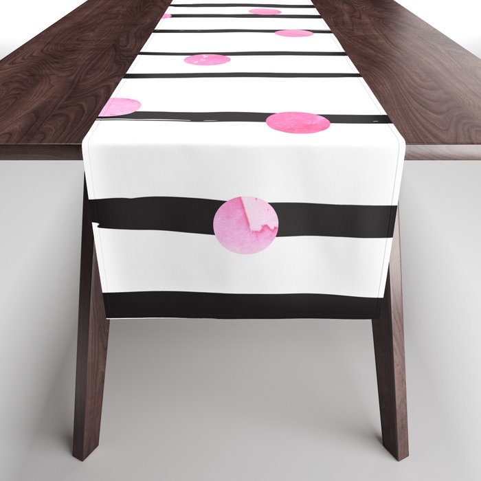 Blush pink black watercolor modern stripes polka dots Table Runner Gallery Image 1