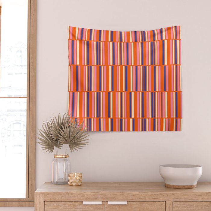 Pop Mod Color Boxes Geometric Retro Contemporary Pattern Orange Blue Pink Wall Tapestry Gallery Image 2