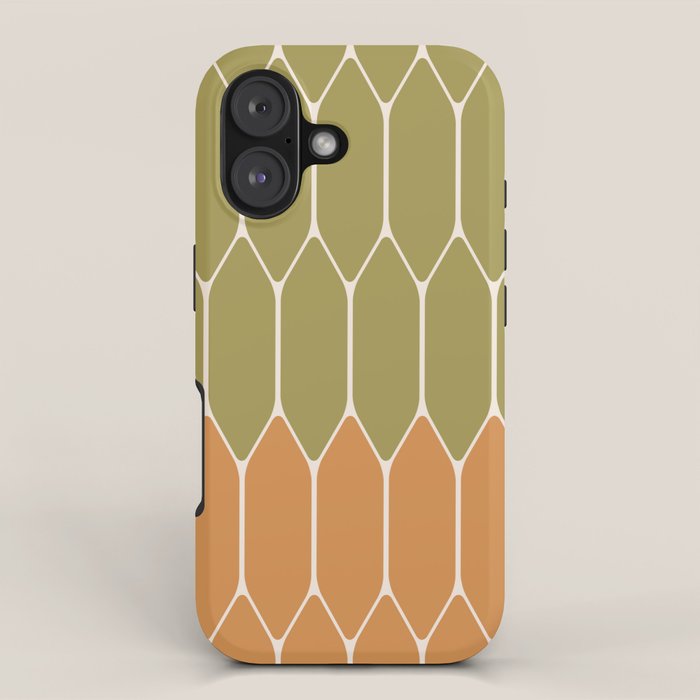 Minimalist Geometric Long Honeycomb Two-Toned Pattern in Vintage Olive Green and Cantaloupe Orange iPhone Case Gallery Image 1
