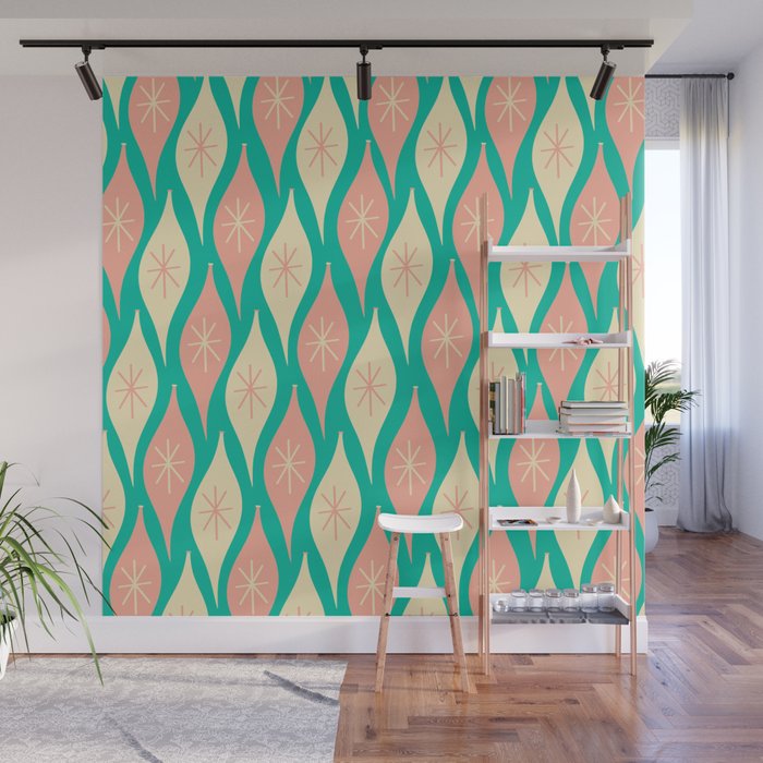 Mid Century Modern Atomic Christmas Abstract Ornaments Blush Pink and Bright Teal Pattern Wall Mural Gallery Image 1