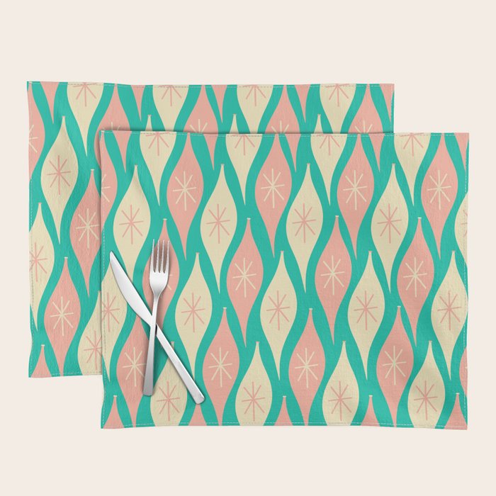 Mid Century Modern Atomic Christmas Abstract Ornaments Blush Pink and Bright Teal Pattern Placemat Gallery Image 1
