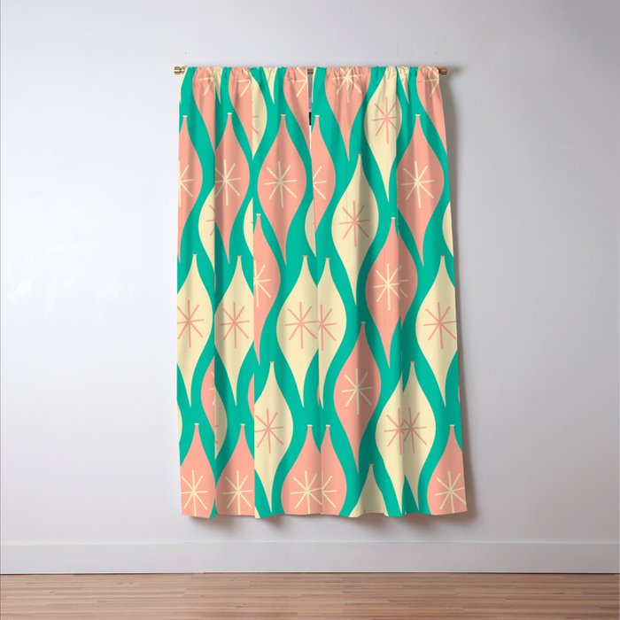 Mid Century Modern Atomic Christmas Abstract Ornaments Blush Pink and Bright Teal Pattern Window Curtain Gallery Image 3